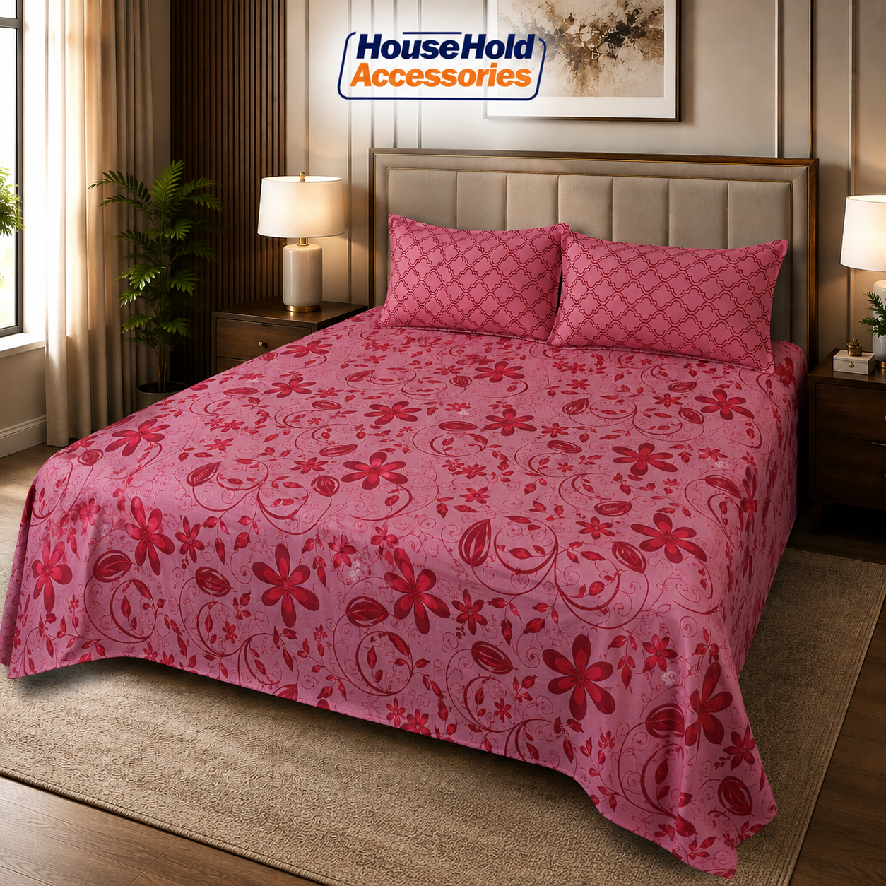 Double King Size Cotton Bedsheet Set 96x96 Inches with 2 Pillow Covers | Soft Cotton Printed Bed Sheet | Household Accessories Pakistan
