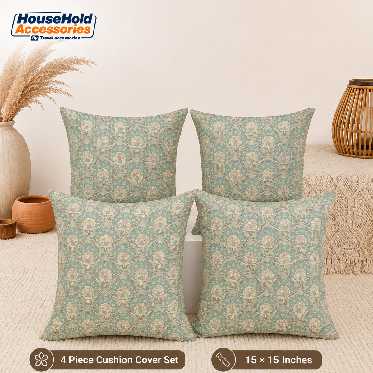 Jacquard Cushion Cover Set | 4 Pieces | 15 x 15 Inches