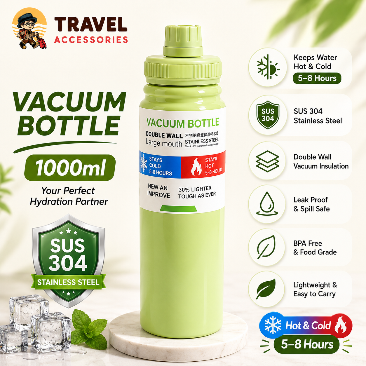 Travel Accessories – Vacuum Insulated Sports Water Bottle 1000ml (1 Litre) | Double Wall Stainless Steel | 5–8 Hours Hot & Cold | Leak Proof Wide Mouth Bottle with Carry Handle