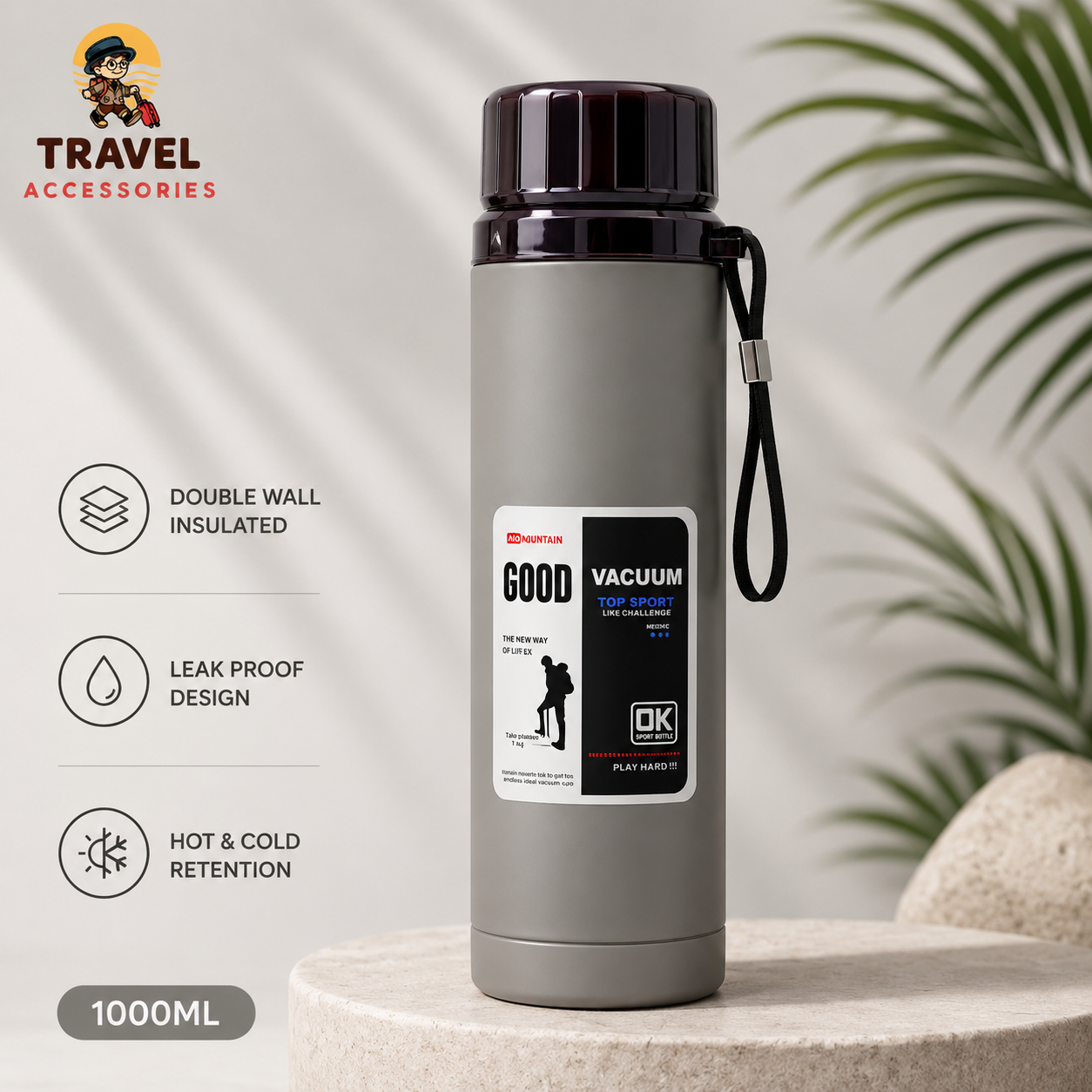 Stainless Steel Vacuum Flask 1000ml (1 Litre) – Double Wall Insulated Thermos Bottle | Leak-Proof Hot & Cold Water Bottle | Premium Matte Finish | Travel Accessories PK