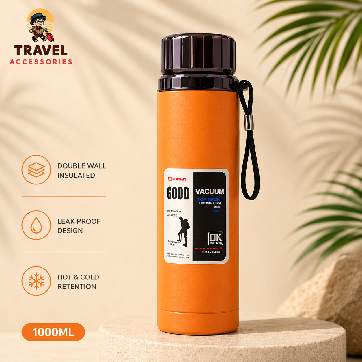 Stainless Steel Vacuum Flask 1000ml (1 Litre) – Double Wall Insulated Thermos Bottle | Leak-Proof Hot & Cold Water Bottle | Premium Matte Finish | Travel Accessories PK