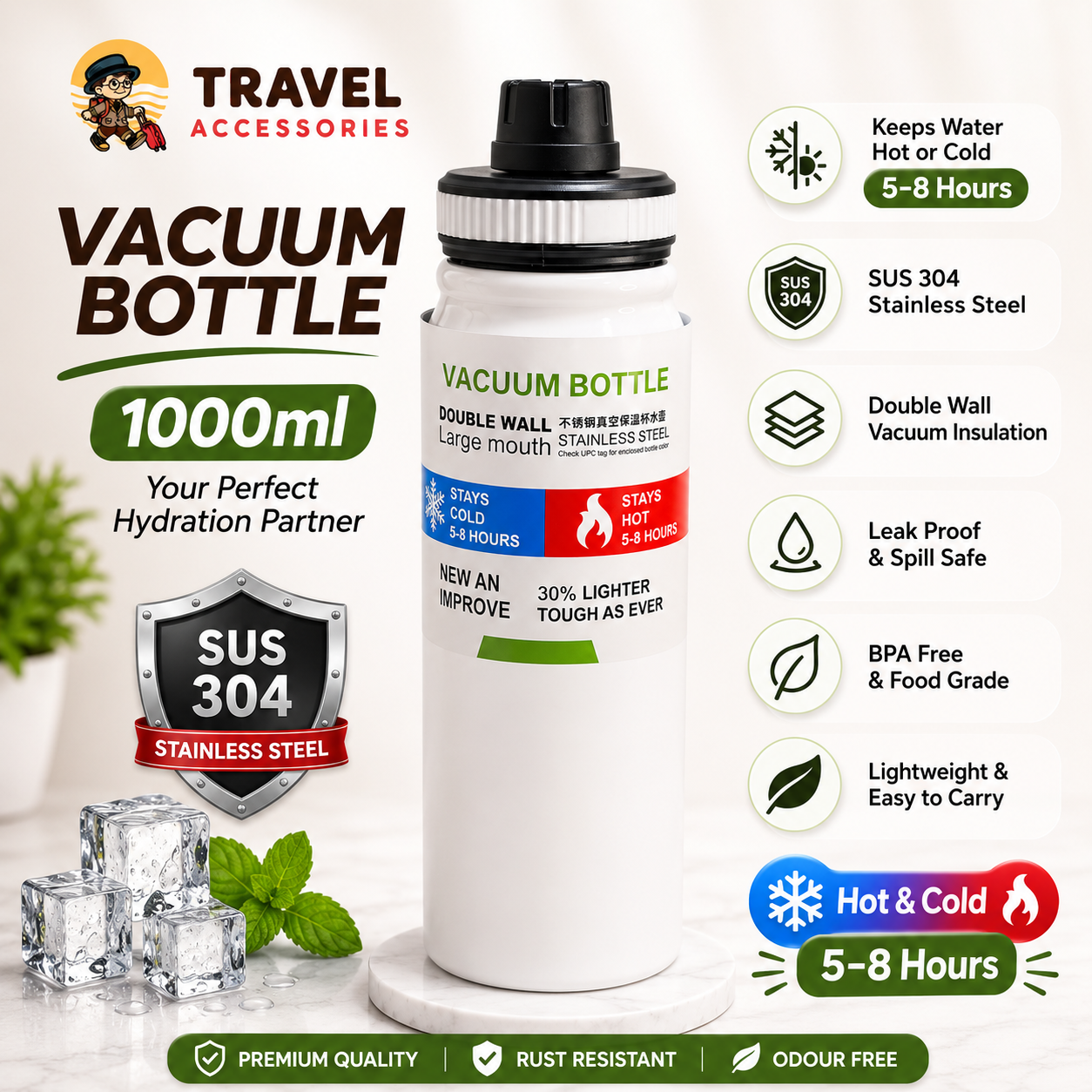 Travel Accessories – Vacuum Insulated Sports Water Bottle 1000ml (1 Litre) | Double Wall Stainless Steel | 5–8 Hours Hot & Cold | Leak Proof Wide Mouth Bottle with Carry Handle