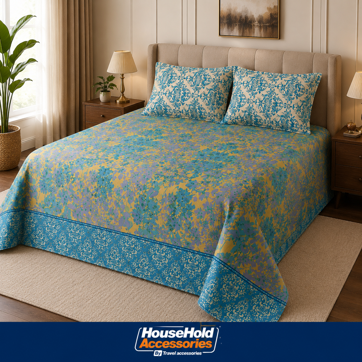 Double King Size Cotton Bedsheet Set 96x96 Inches with 2 Pillow Covers | Soft Cotton Printed Bed Sheet | Household Accessories Pakistan