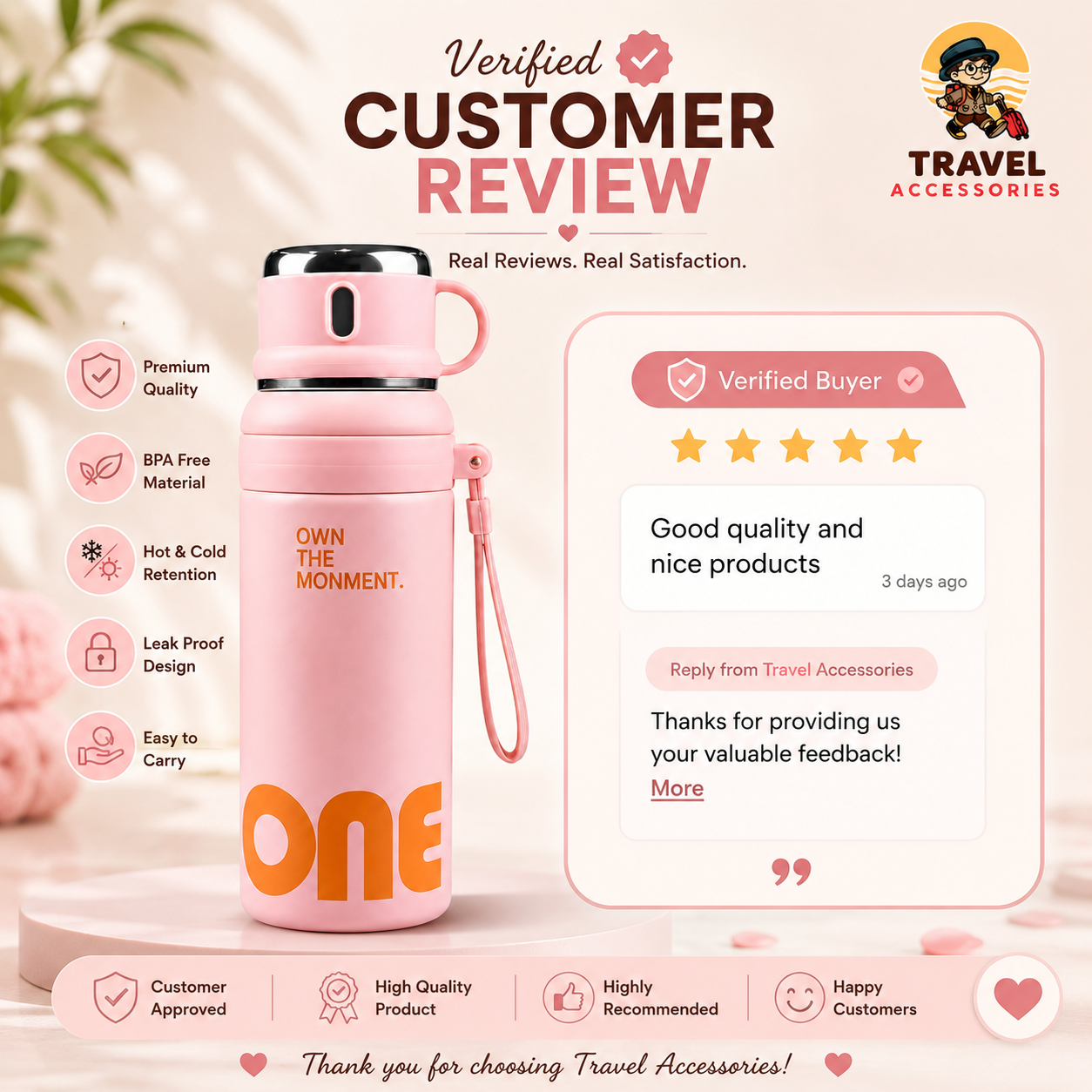 One Vacuum Flask 1000ml (1 Litre) – Premium Double Wall Insulated Stainless Steel Thermos Bottle with Cup Lid & Sipper Straw | Travel Accessories PK